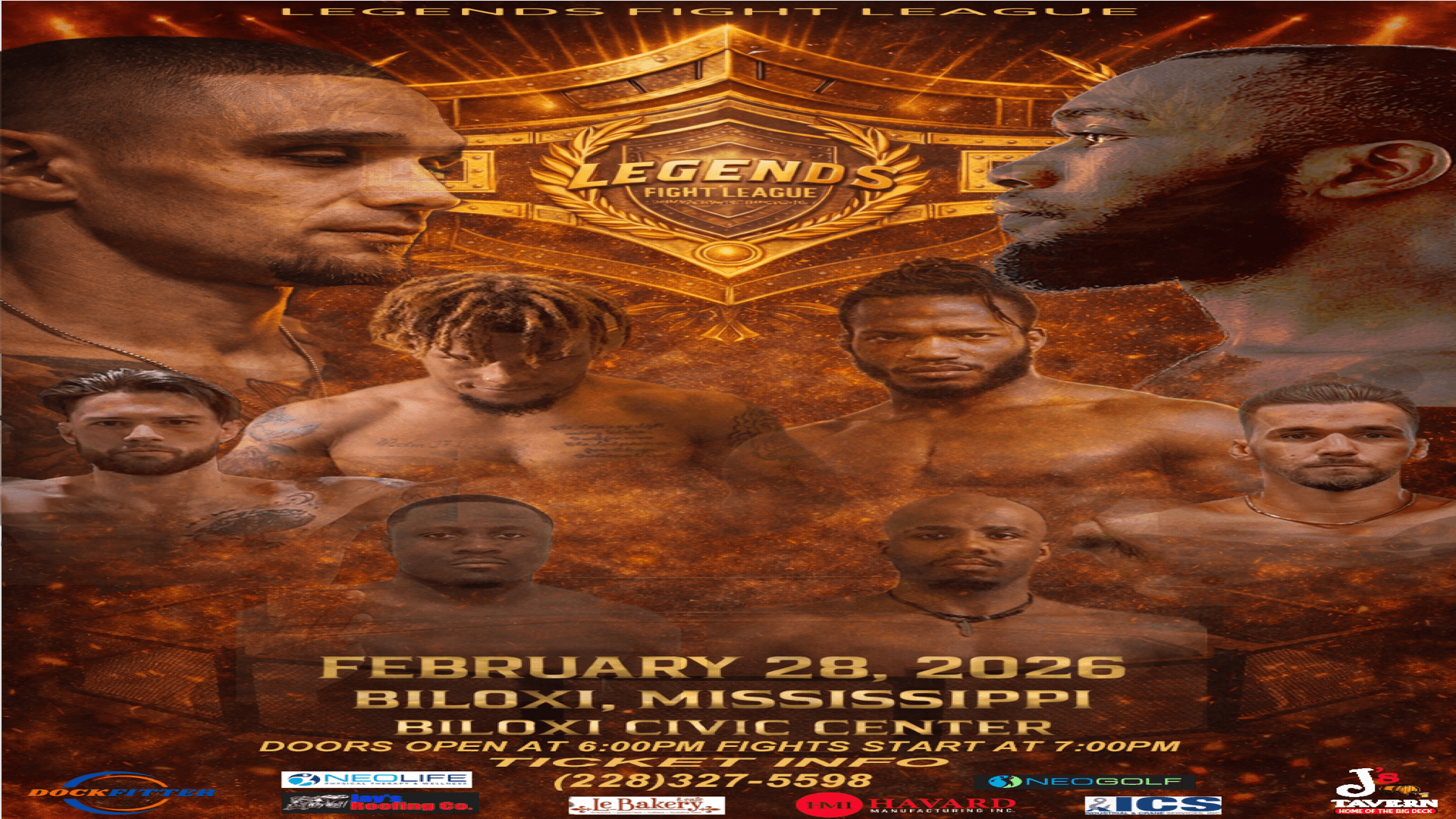 LFL 2 event poster: February 28, 2026, Biloxi Civic Center, Biloxi, Mississippi. Doors open 6:00 PM, fights start 7:00 PM.